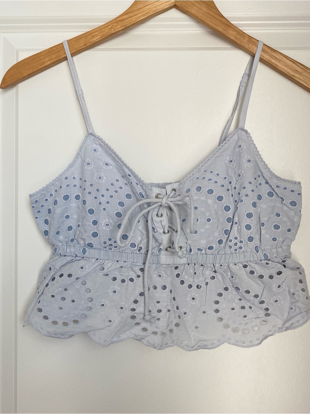 aerie baby blue Eyelet Lace-Up Crop Top